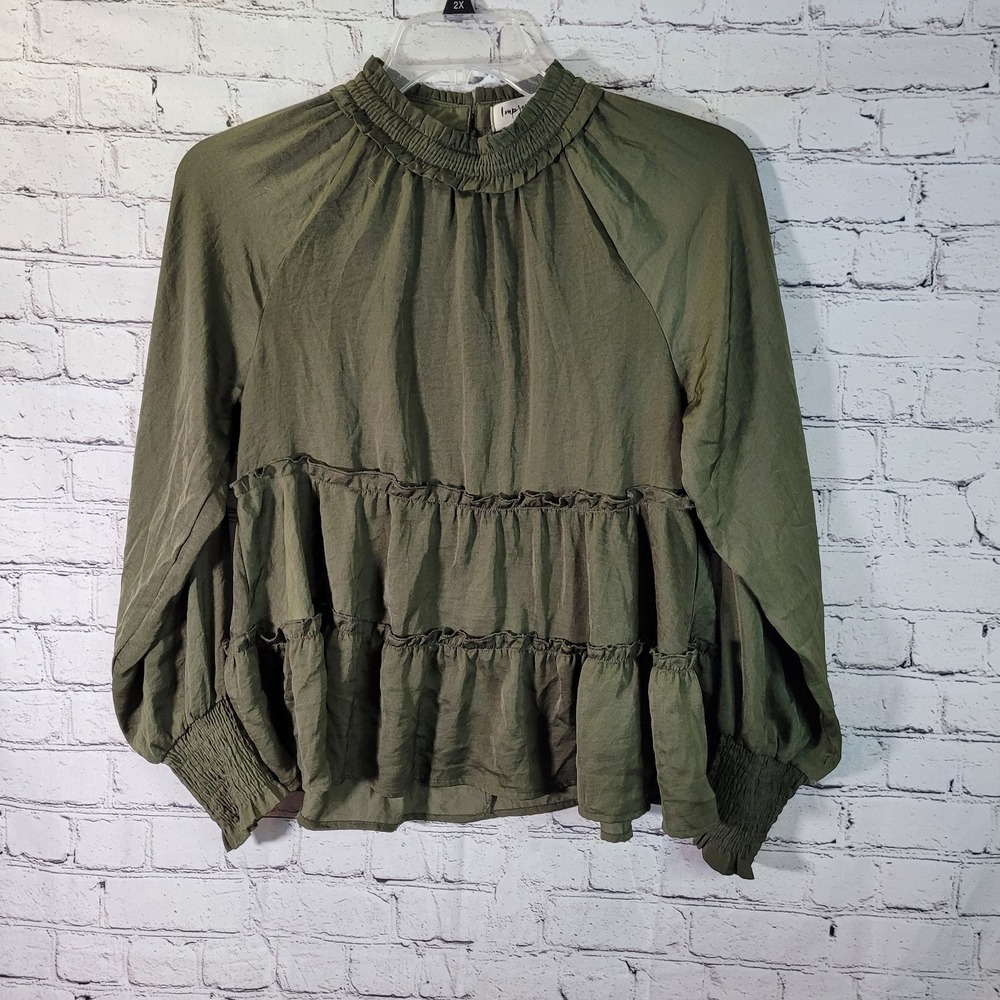 Impressions Tiered Ruffle Blouse Womens Medium Olive Green Smocked Mock Neck Top